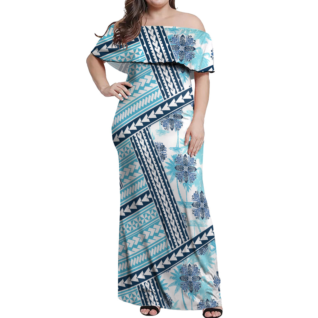 Hawaii Quilt Off Shoulder Maxi Dress Kakau Polynesian Pattern Sky Blue Version LT01 Women Blue - Polynesian Pride