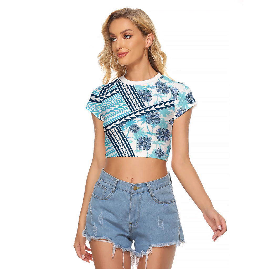 Hawaii Quilt Raglan Cropped T Shirt Kakau Polynesian Pattern Sky Blue Version LT01 Female Blue - Polynesian Pride