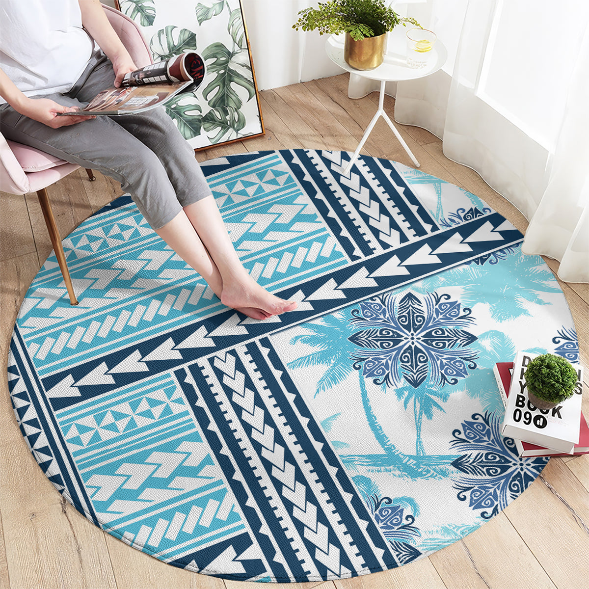 Hawaii Quilt Round Carpet Kakau Polynesian Pattern Sky Blue Version LT01 - Polynesian Pride