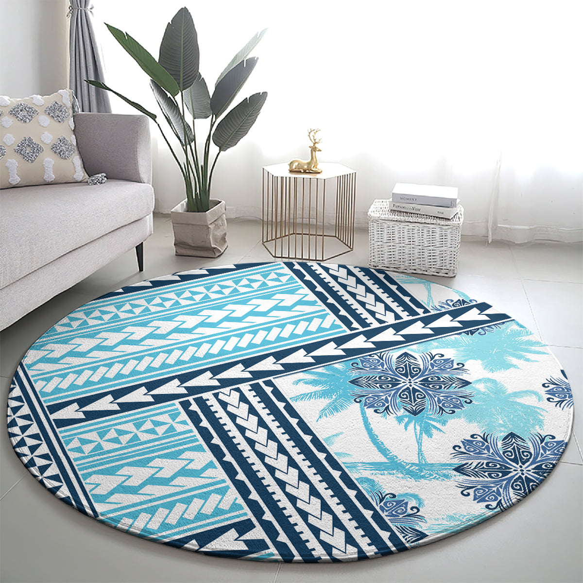 Hawaii Quilt Round Carpet Kakau Polynesian Pattern Sky Blue Version LT01 - Polynesian Pride