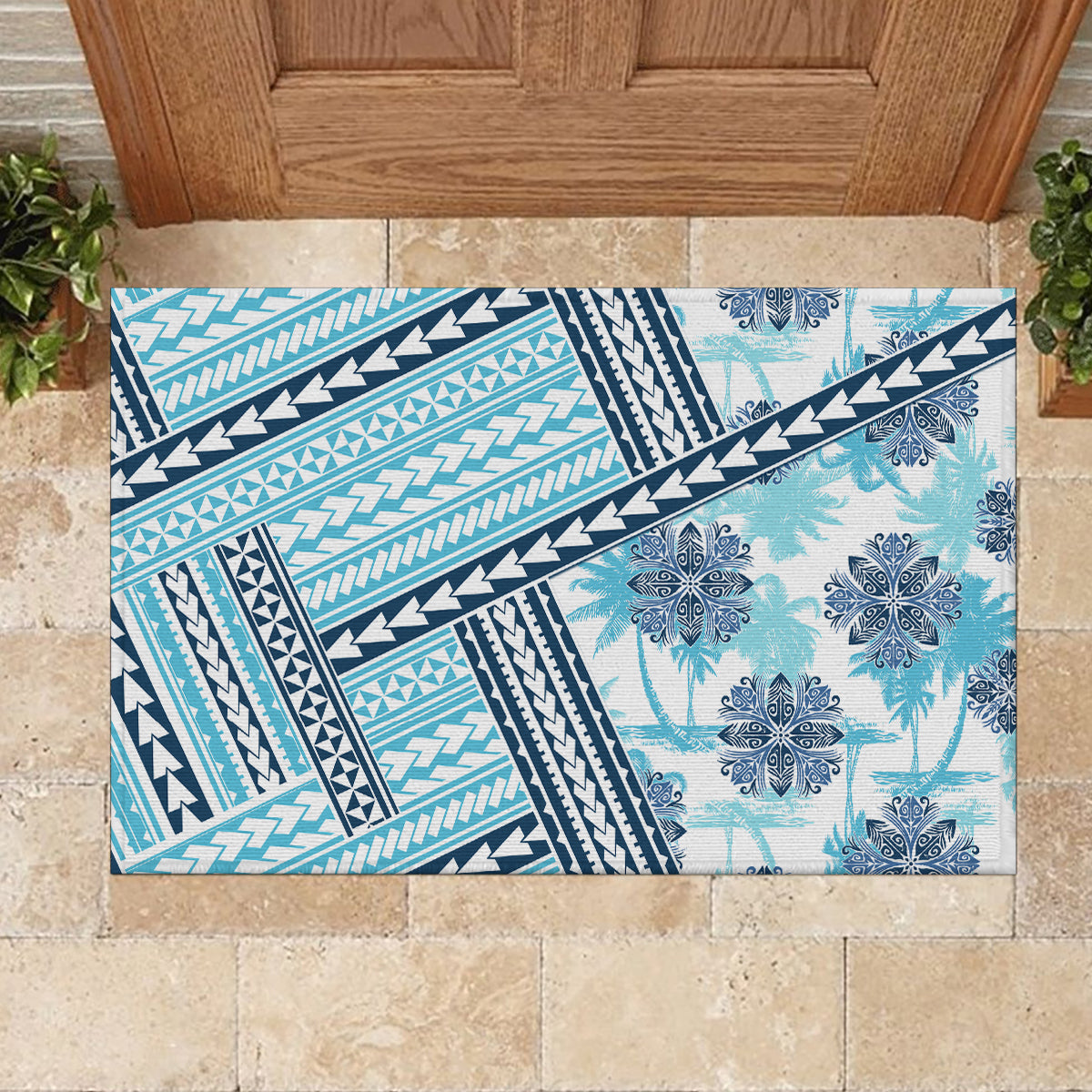 Hawaii Quilt Rubber Doormat Kakau Polynesian Pattern Sky Blue Version LT01 - Polynesian Pride
