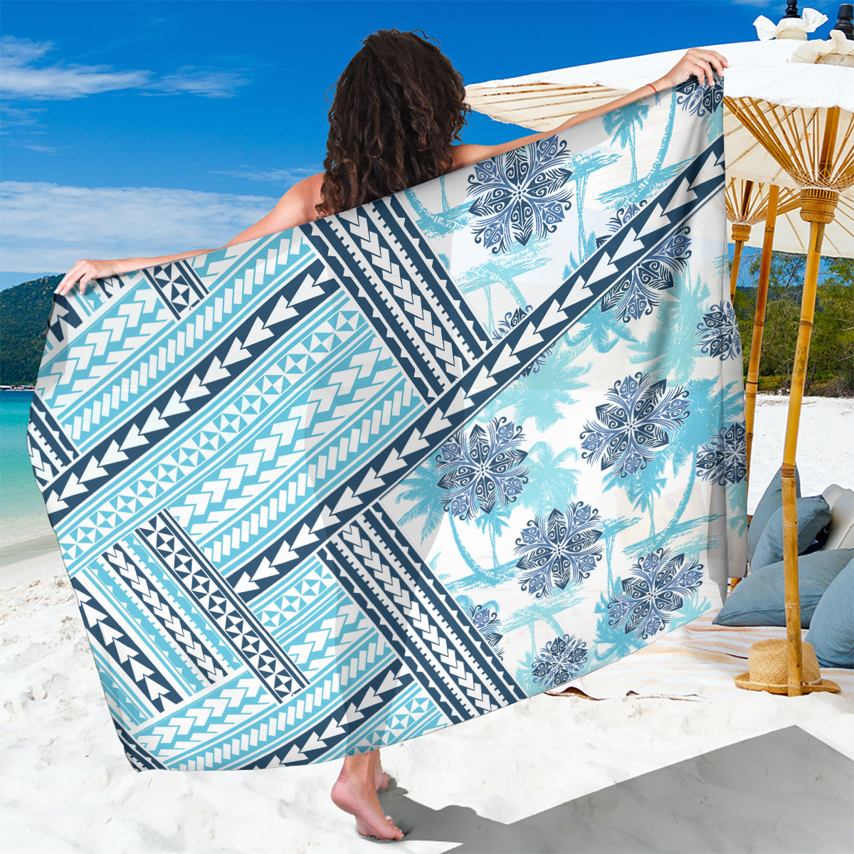 Hawaii Quilt Sarong Kakau Polynesian Pattern Sky Blue Version LT01 One Size 44 x 66 inches Blue - Polynesian Pride