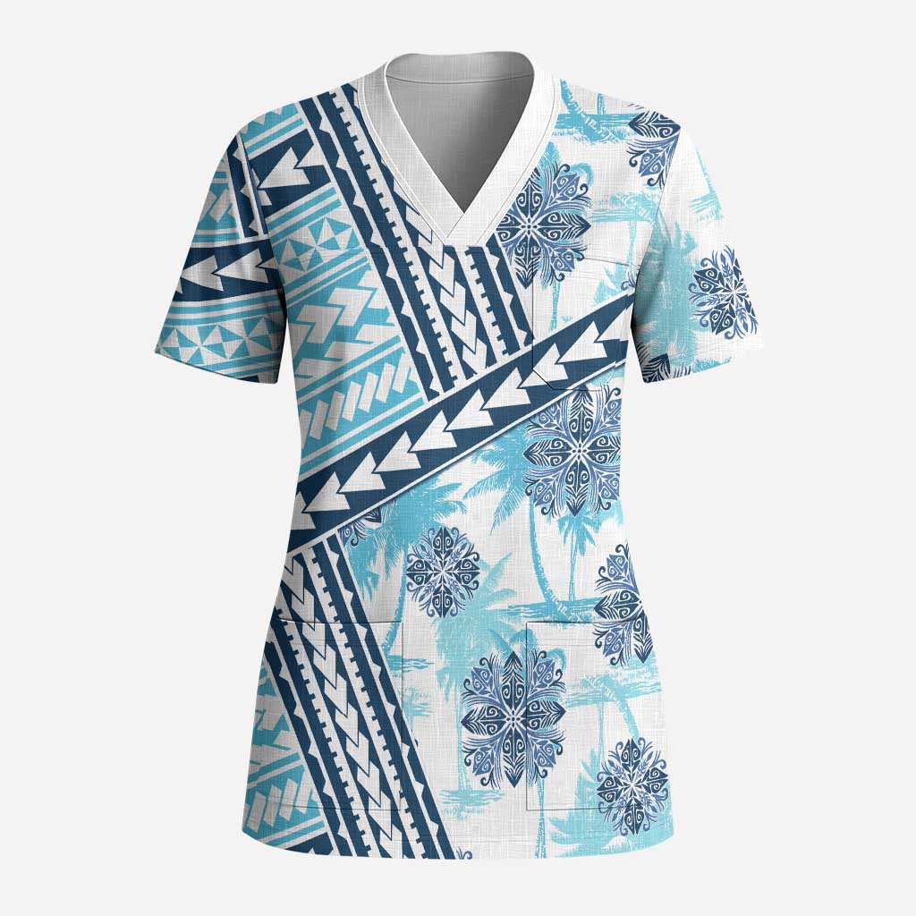 Hawaii Quilt Scrub Top Kakau Polynesian Pattern Sky Blue Version - Polynesian Pride