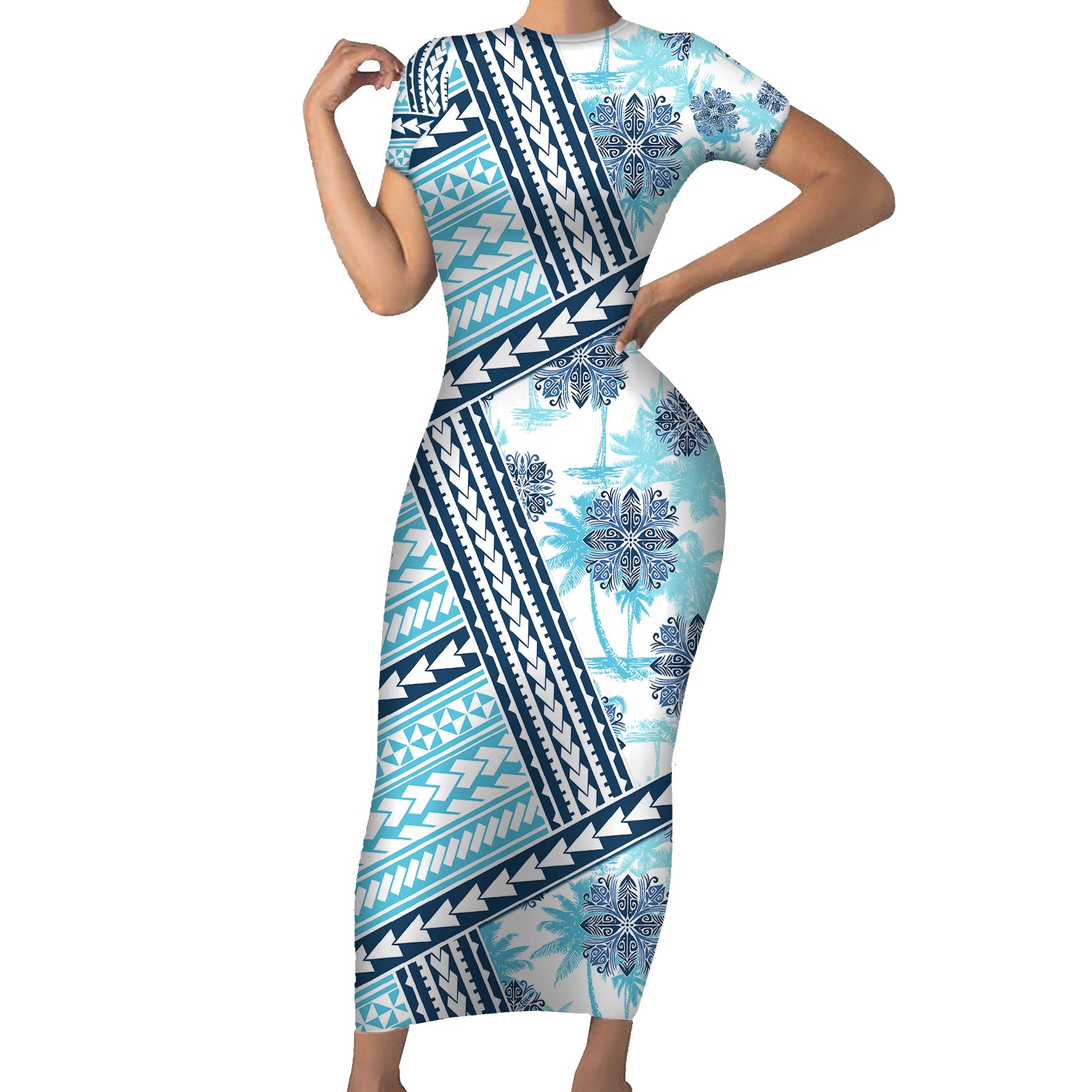 Hawaii Quilt Short Sleeve Bodycon Dress Kakau Polynesian Pattern Sky Blue Version LT01 Long Dress Blue - Polynesian Pride