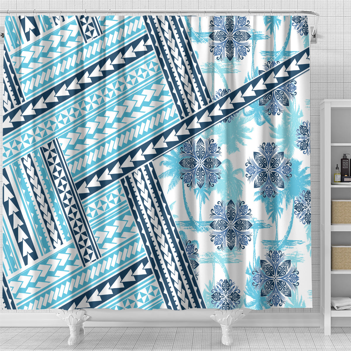 Hawaii Quilt Shower Curtain Kakau Polynesian Pattern Sky Blue Version LT01 - Polynesian Pride