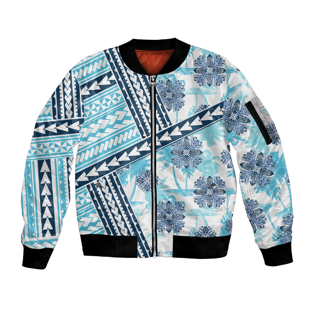 Hawaii Quilt Sleeve Zip Bomber Jacket Kakau Polynesian Pattern Sky Blue Version LT01 Unisex Blue - Polynesian Pride