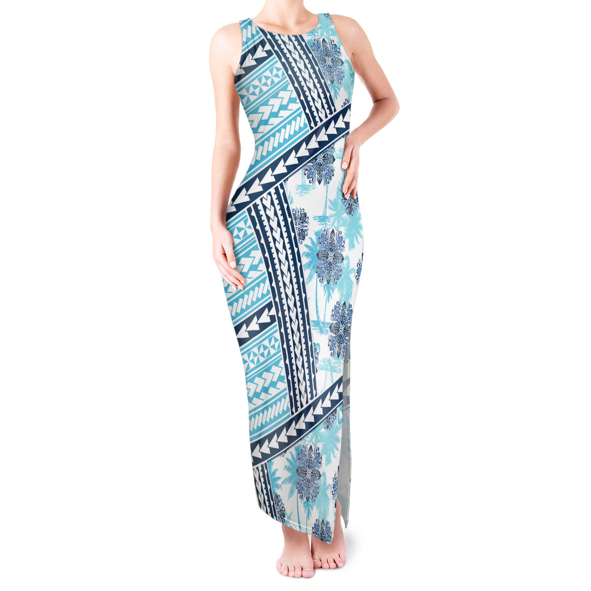 Hawaii Quilt Tank Maxi Dress Kakau Polynesian Pattern Sky Blue Version LT01 Women Blue - Polynesian Pride