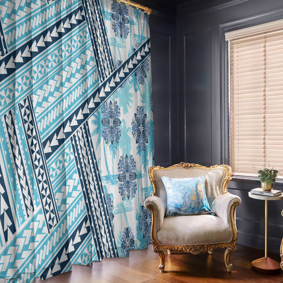 Hawaii Quilt Window Curtain Kakau Polynesian Pattern Sky Blue Version LT01 - Polynesian Pride