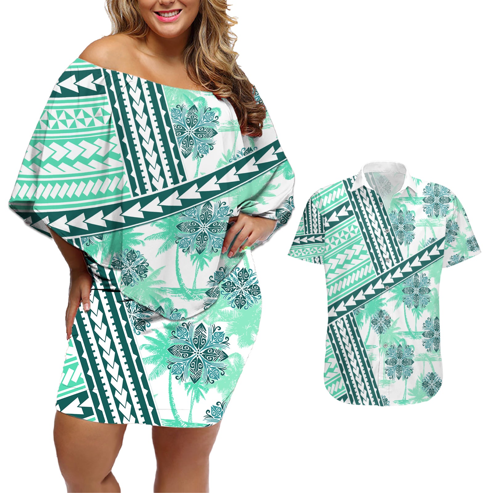 Hawaii Quilt Couples Matching Off Shoulder Short Dress and Hawaiian Shirt Kakau Polynesian Pattern Teal Version LT01 Teal - Polynesian Pride