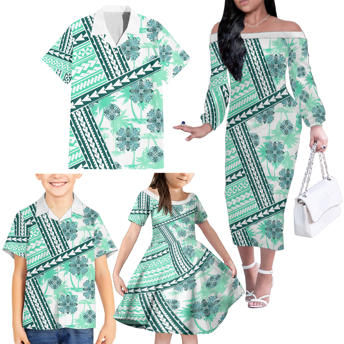 Hawaii Quilt Family Matching Off Shoulder Long Sleeve Dress and Hawaiian Shirt Kakau Polynesian Pattern Teal Version LT01 - Polynesian Pride