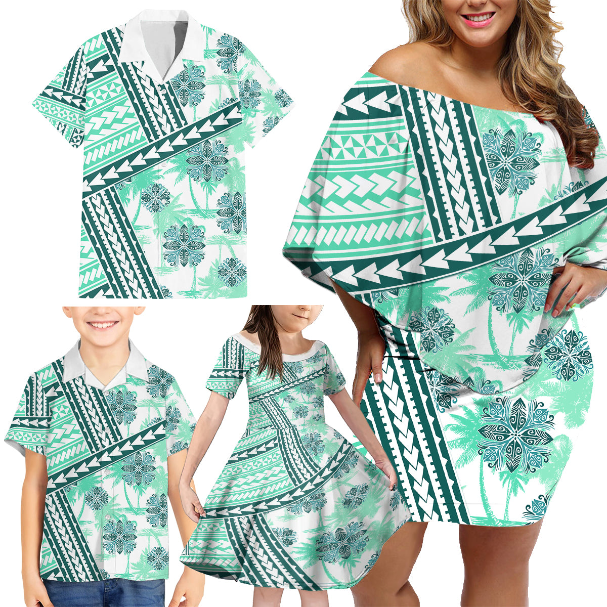 Hawaii Quilt Family Matching Off Shoulder Short Dress and Hawaiian Shirt Kakau Polynesian Pattern Teal Version LT01 - Polynesian Pride