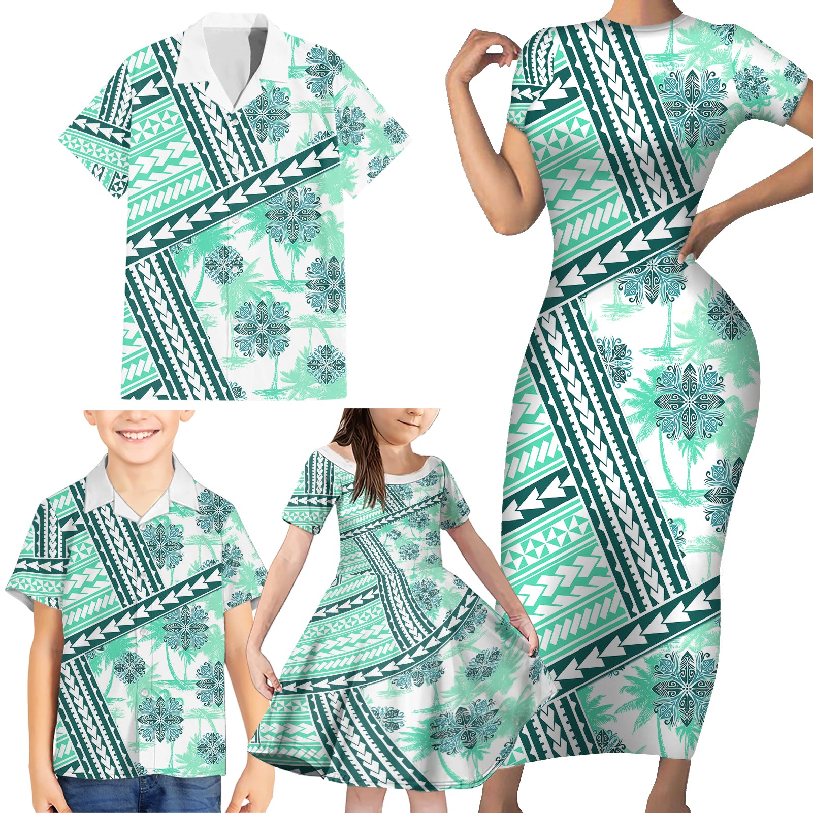 Hawaii Quilt Family Matching Short Sleeve Bodycon Dress and Hawaiian Shirt Kakau Polynesian Pattern Teal Version LT01 - Polynesian Pride