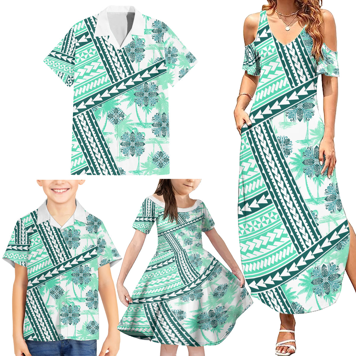 Hawaii Quilt Family Matching Summer Maxi Dress and Hawaiian Shirt Kakau Polynesian Pattern Teal Version LT01 - Polynesian Pride