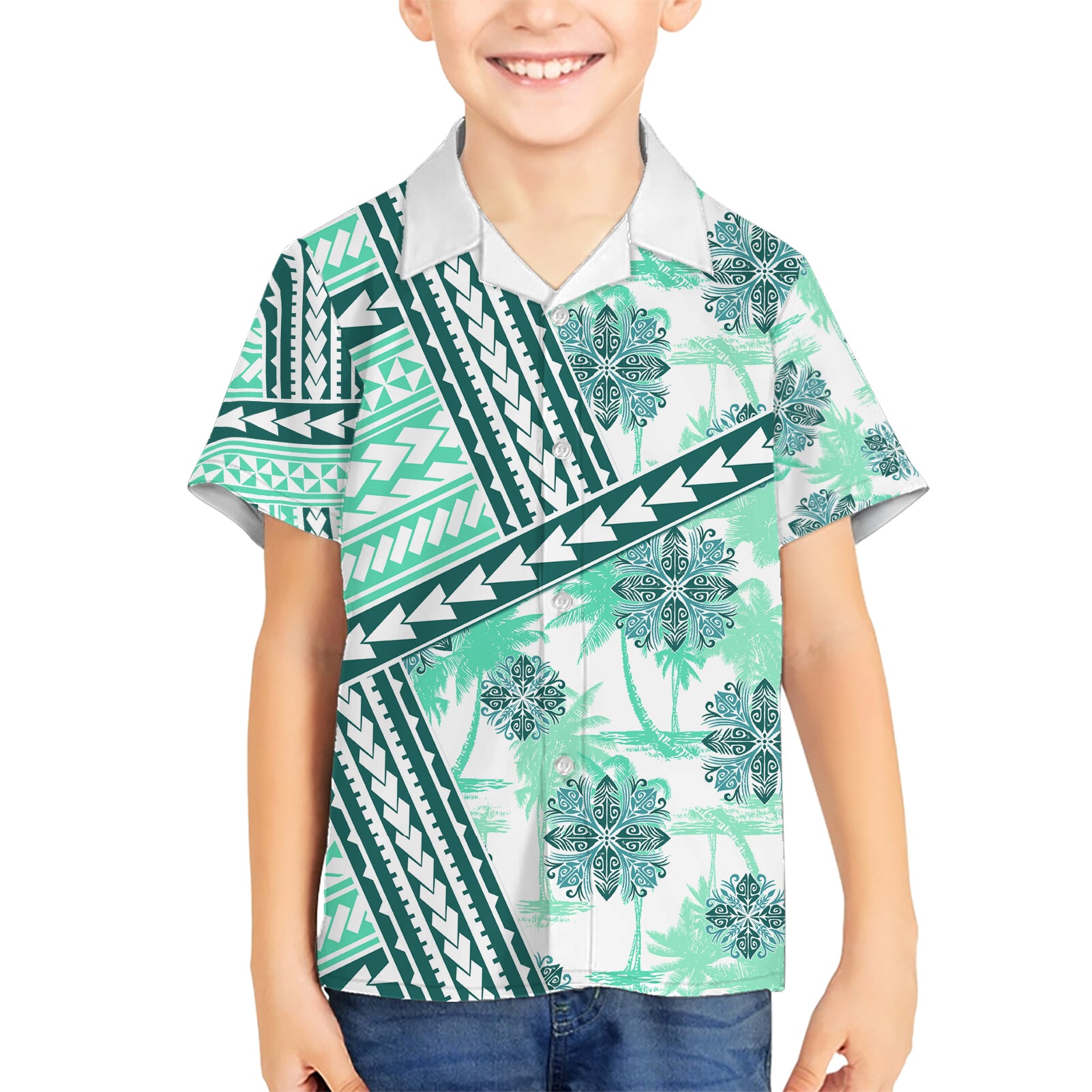 Hawaii Quilt Kid Hawaiian Shirt Kakau Polynesian Pattern Teal Version LT01 Kid Teal - Polynesian Pride