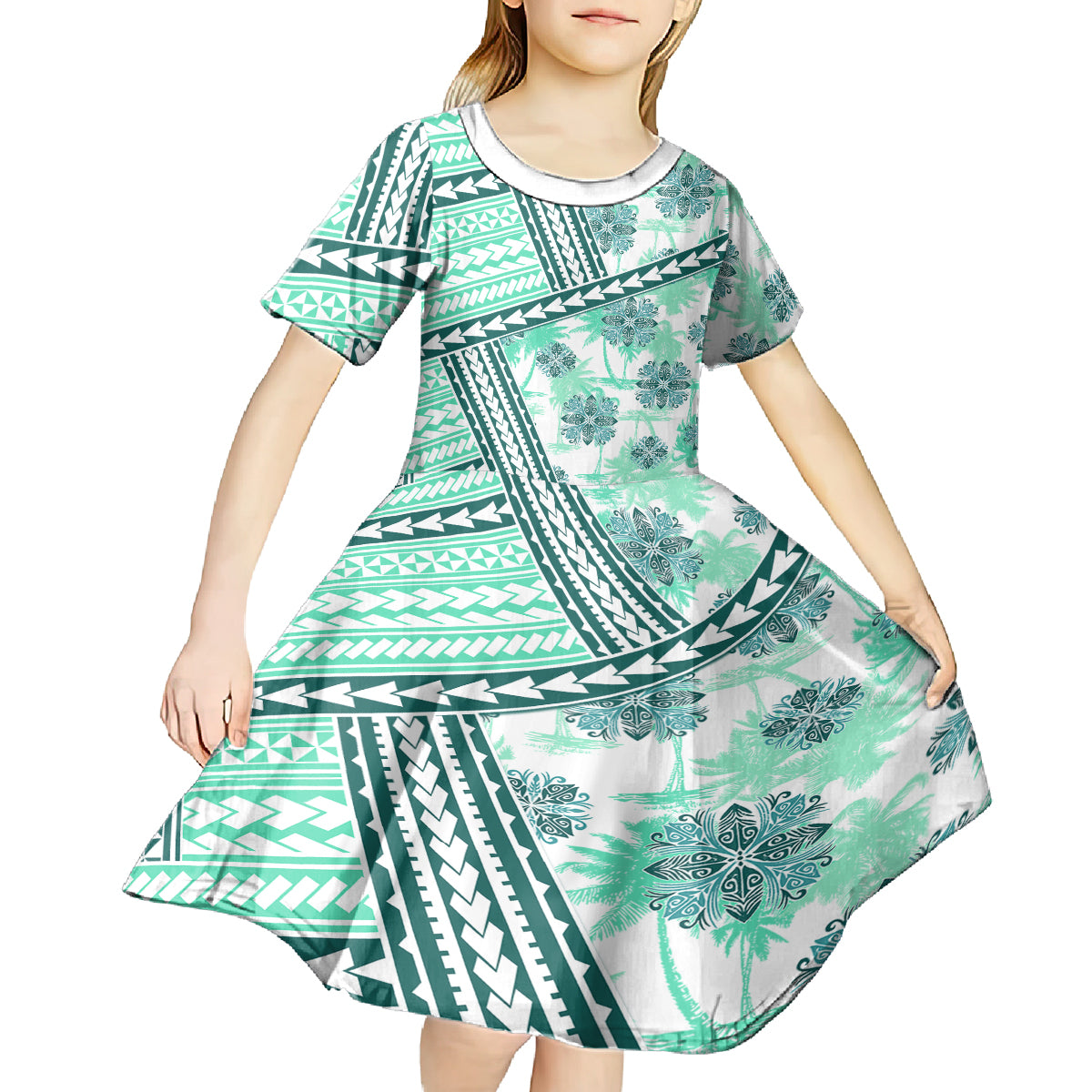 Hawaii Quilt Kid Short Sleeve Dress Kakau Polynesian Pattern Teal Version LT01 - Polynesian Pride