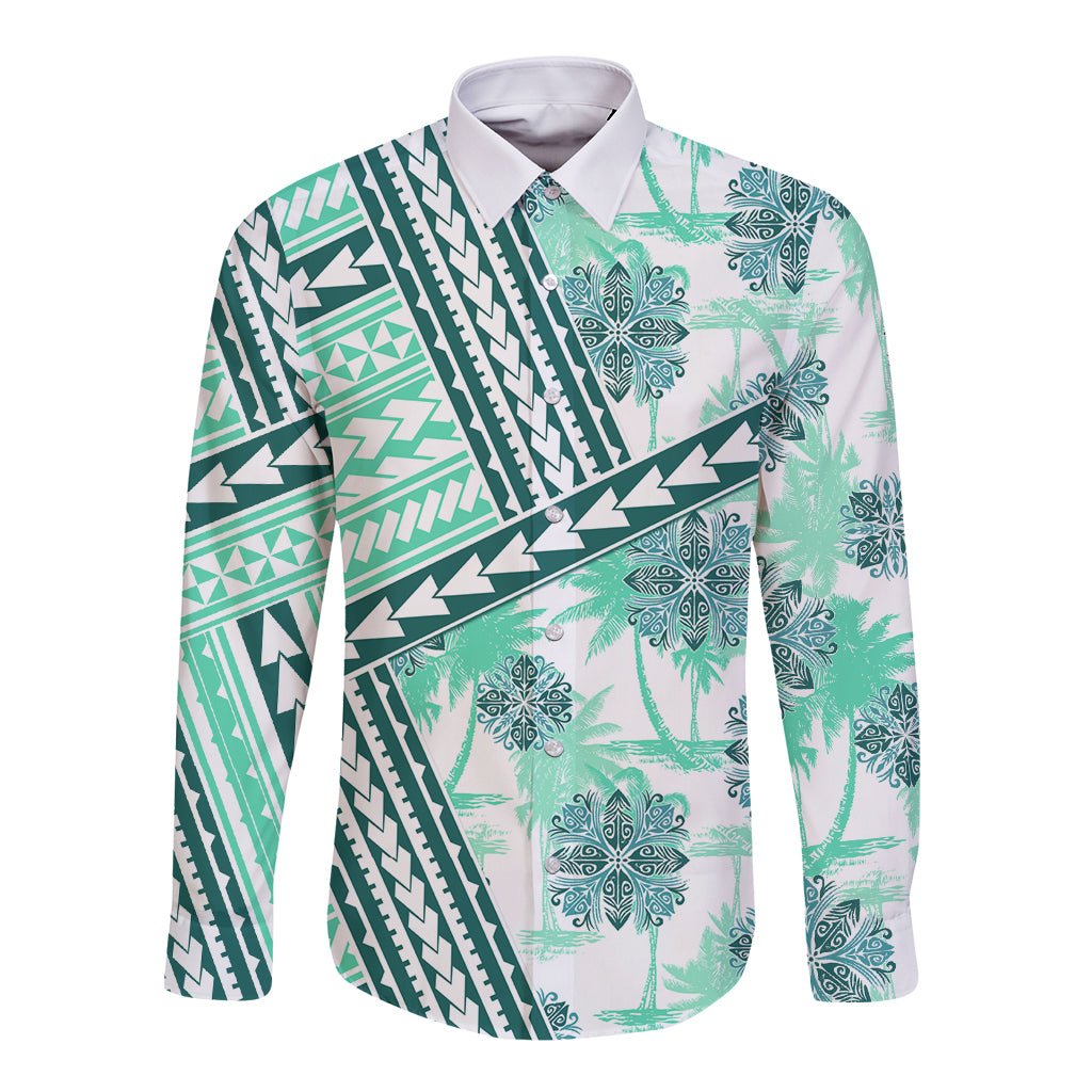 Hawaii Quilt Long Sleeve Button Shirt Kakau Polynesian Pattern Teal Version LT01 Unisex Teal - Polynesian Pride