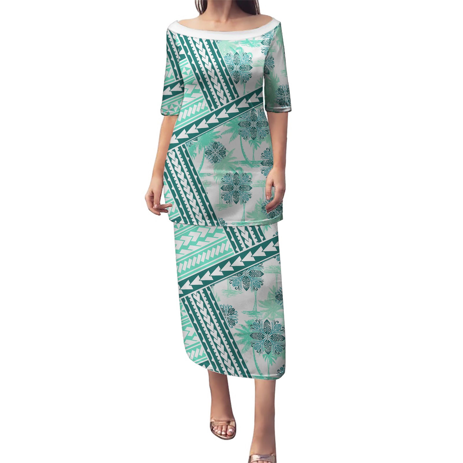 Hawaii Quilt Puletasi Kakau Polynesian Pattern Teal Version LT01 Long Dress Teal - Polynesian Pride