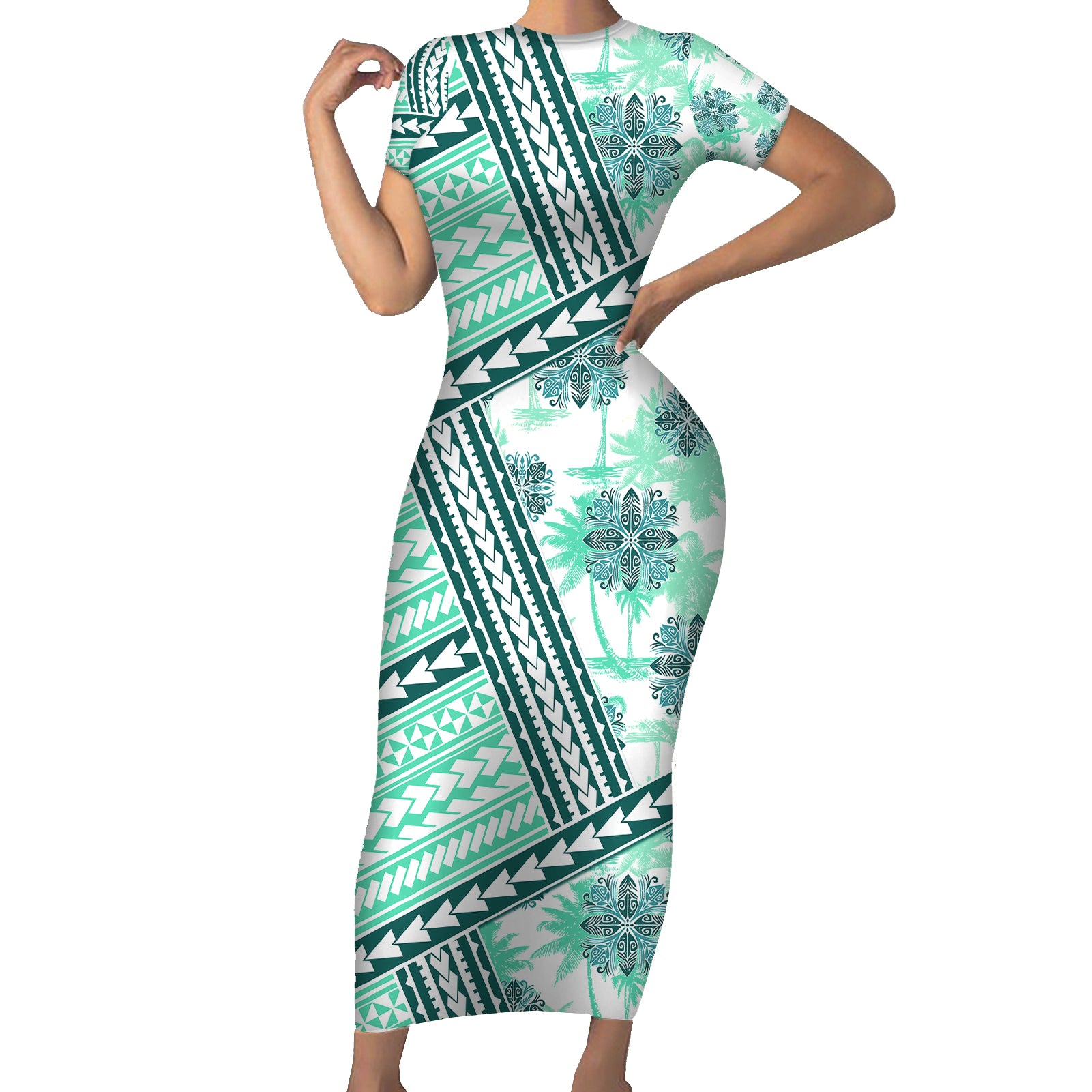 Hawaii Quilt Short Sleeve Bodycon Dress Kakau Polynesian Pattern Teal Version LT01 Long Dress Teal - Polynesian Pride