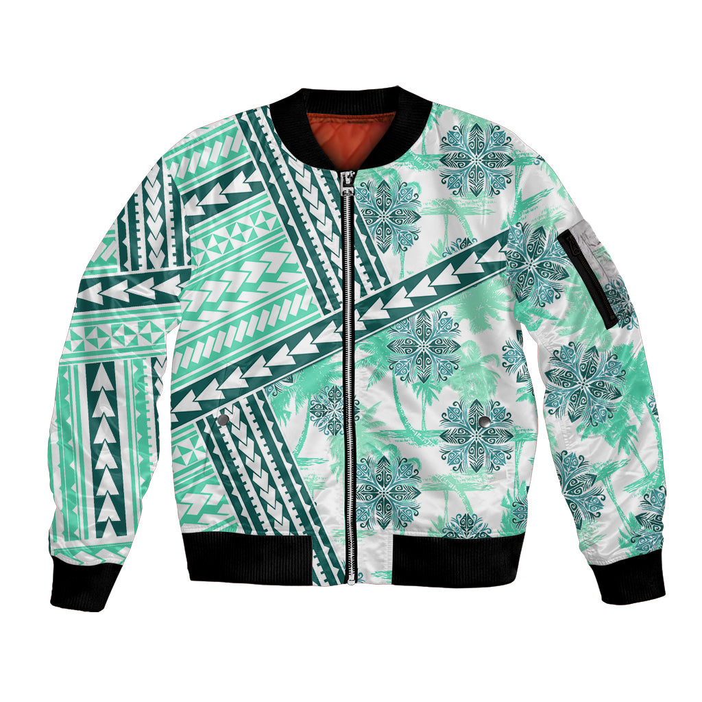 Hawaii Quilt Sleeve Zip Bomber Jacket Kakau Polynesian Pattern Teal Version LT01 Unisex Teal - Polynesian Pride