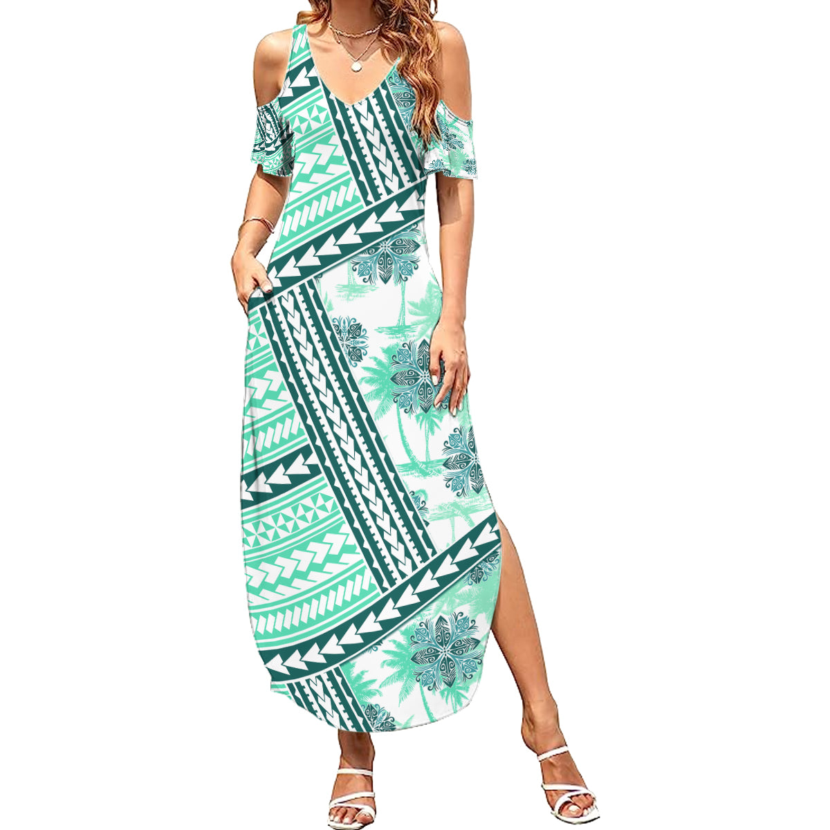 Hawaii Quilt Summer Maxi Dress Kakau Polynesian Pattern Teal Version LT01 Women Teal - Polynesian Pride