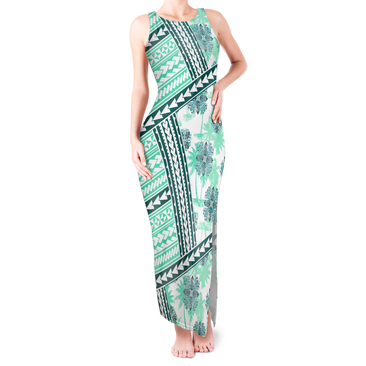 Hawaii Quilt Tank Maxi Dress Kakau Polynesian Pattern Teal Version LT01 Women Teal - Polynesian Pride