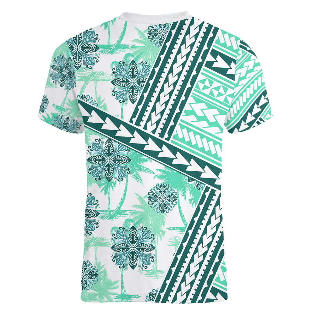 Hawaii Quilt Women V Neck T Shirt Kakau Polynesian Pattern Teal Version LT01 - Polynesian Pride