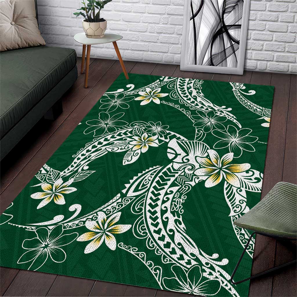 Polynesian Hawaiian Plumeria Tribal Pattern Area Rug Green Version