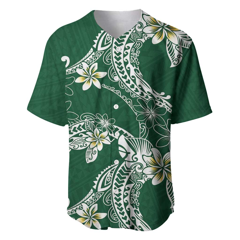 Polynesian Hawaiian Plumeria Tribal Pattern Baseball Jersey Green Version
