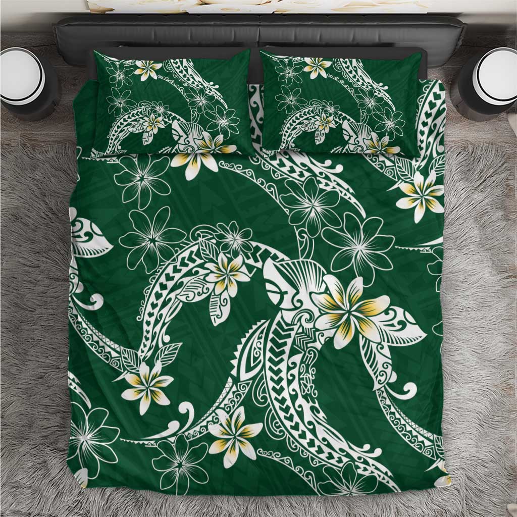 Polynesian Hawaiian Plumeria Tribal Pattern Bedding Set Green Version