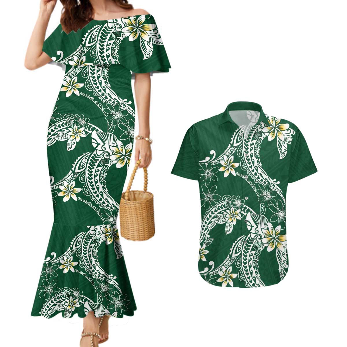 Polynesian Hawaiian Plumeria Tribal Pattern Couples Matching Mermaid Dress and Hawaiian Shirt Green Version LT01 Green - Polynesian Pride