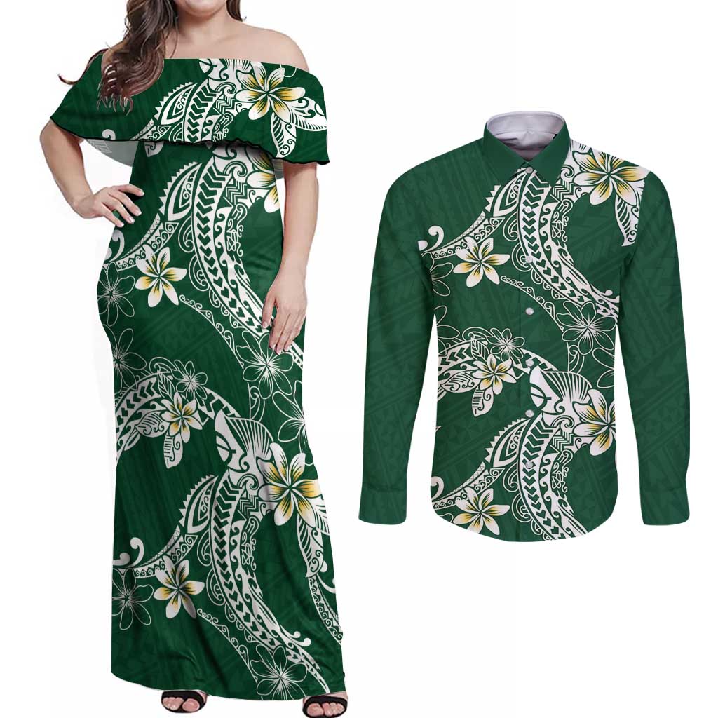 Polynesian Hawaiian Plumeria Tribal Pattern Couples Matching Off Shoulder Maxi Dress and Long Sleeve Button Shirt Green Version LT01 Green - Polynesian Pride