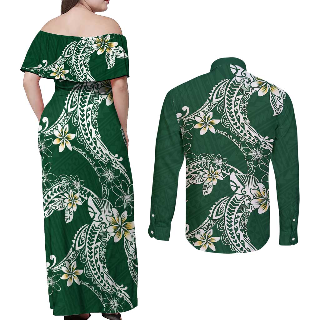 Polynesian Hawaiian Plumeria Tribal Pattern Couples Matching Off Shoulder Maxi Dress and Long Sleeve Button Shirt Green Version LT01 - Polynesian Pride
