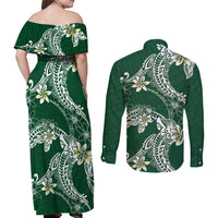 Polynesian Hawaiian Plumeria Tribal Pattern Couples Matching Off Shoulder Maxi Dress and Long Sleeve Button Shirt Green Version LT01 - Polynesian Pride