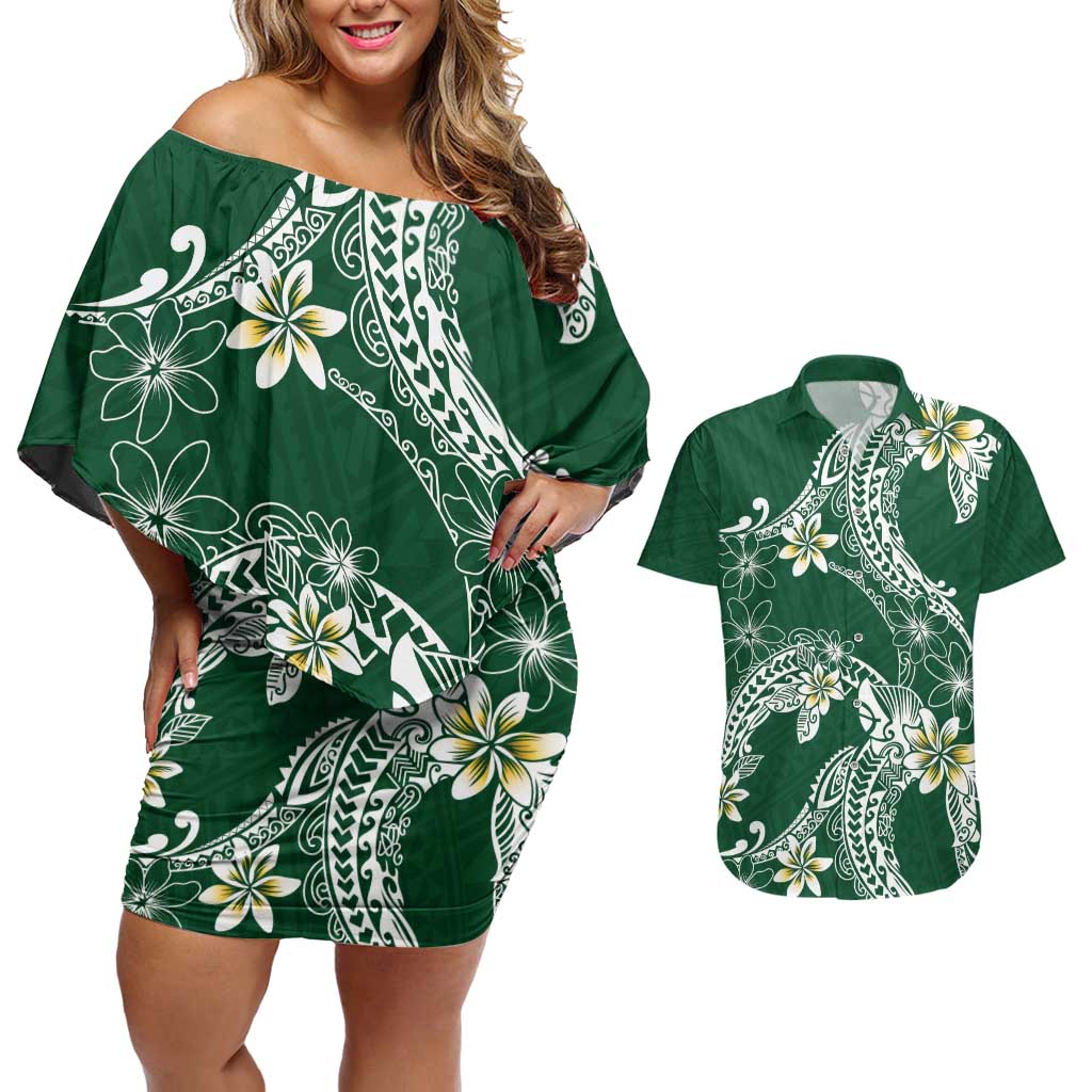 Polynesian Hawaiian Plumeria Tribal Pattern Couples Matching Off Shoulder Short Dress and Hawaiian Shirt Green Version LT01 Green - Polynesian Pride