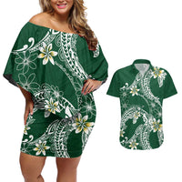 Polynesian Hawaiian Plumeria Tribal Pattern Couples Matching Off Shoulder Short Dress and Hawaiian Shirt Green Version LT01 Green - Polynesian Pride
