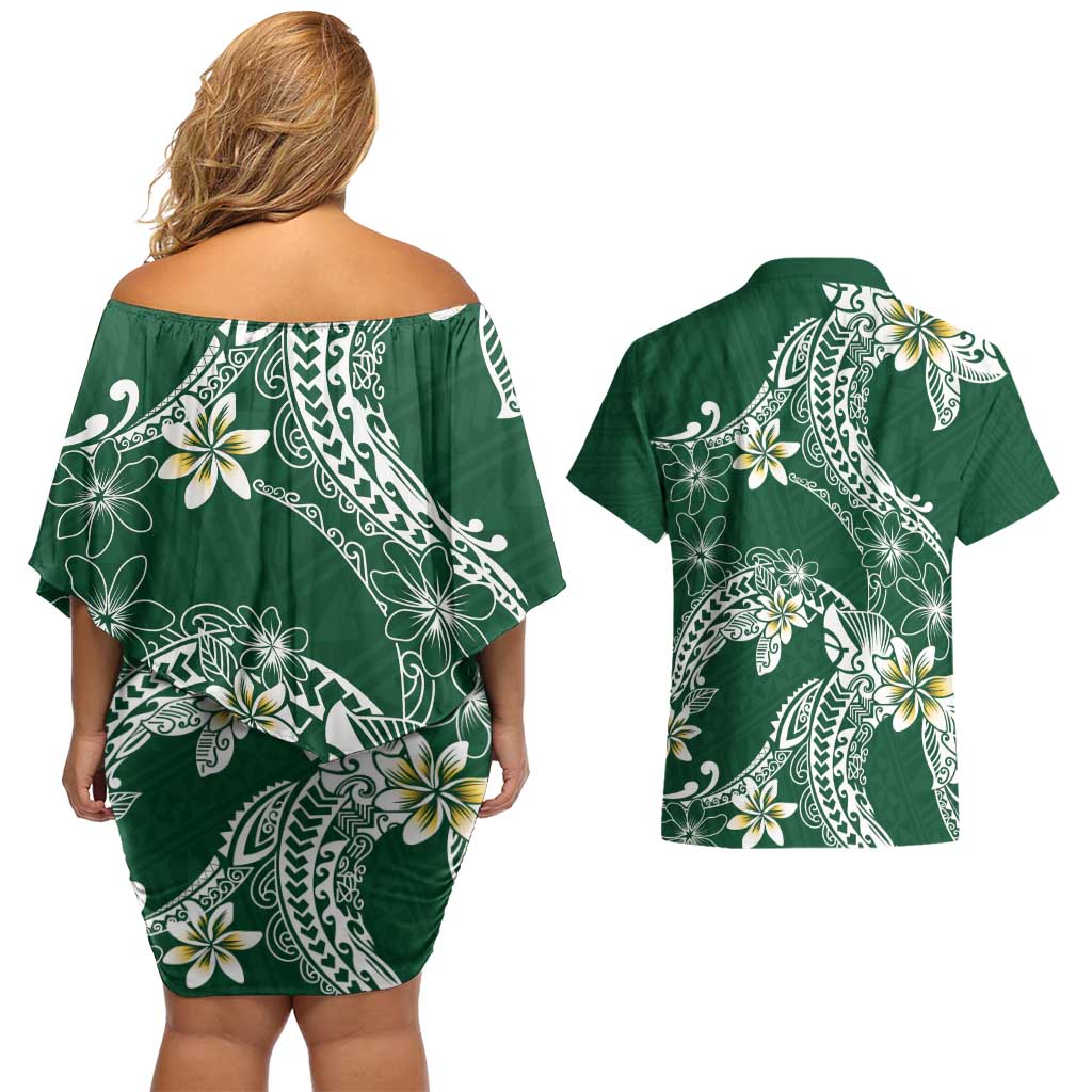 Polynesian Hawaiian Plumeria Tribal Pattern Couples Matching Off Shoulder Short Dress and Hawaiian Shirt Green Version LT01 - Polynesian Pride