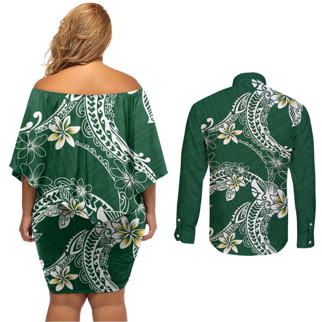 Polynesian Hawaiian Plumeria Tribal Pattern Couples Matching Off Shoulder Short Dress and Long Sleeve Button Shirt Green Version LT01 - Polynesian Pride