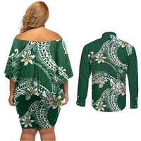 Polynesian Hawaiian Plumeria Tribal Pattern Couples Matching Off Shoulder Short Dress and Long Sleeve Button Shirt Green Version LT01 - Polynesian Pride
