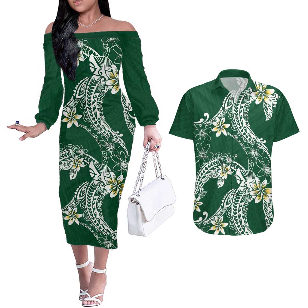 Polynesian Hawaiian Plumeria Tribal Pattern Couples Matching Off The Shoulder Long Sleeve Dress and Hawaiian Shirt Green Version LT01 Green - Polynesian Pride
