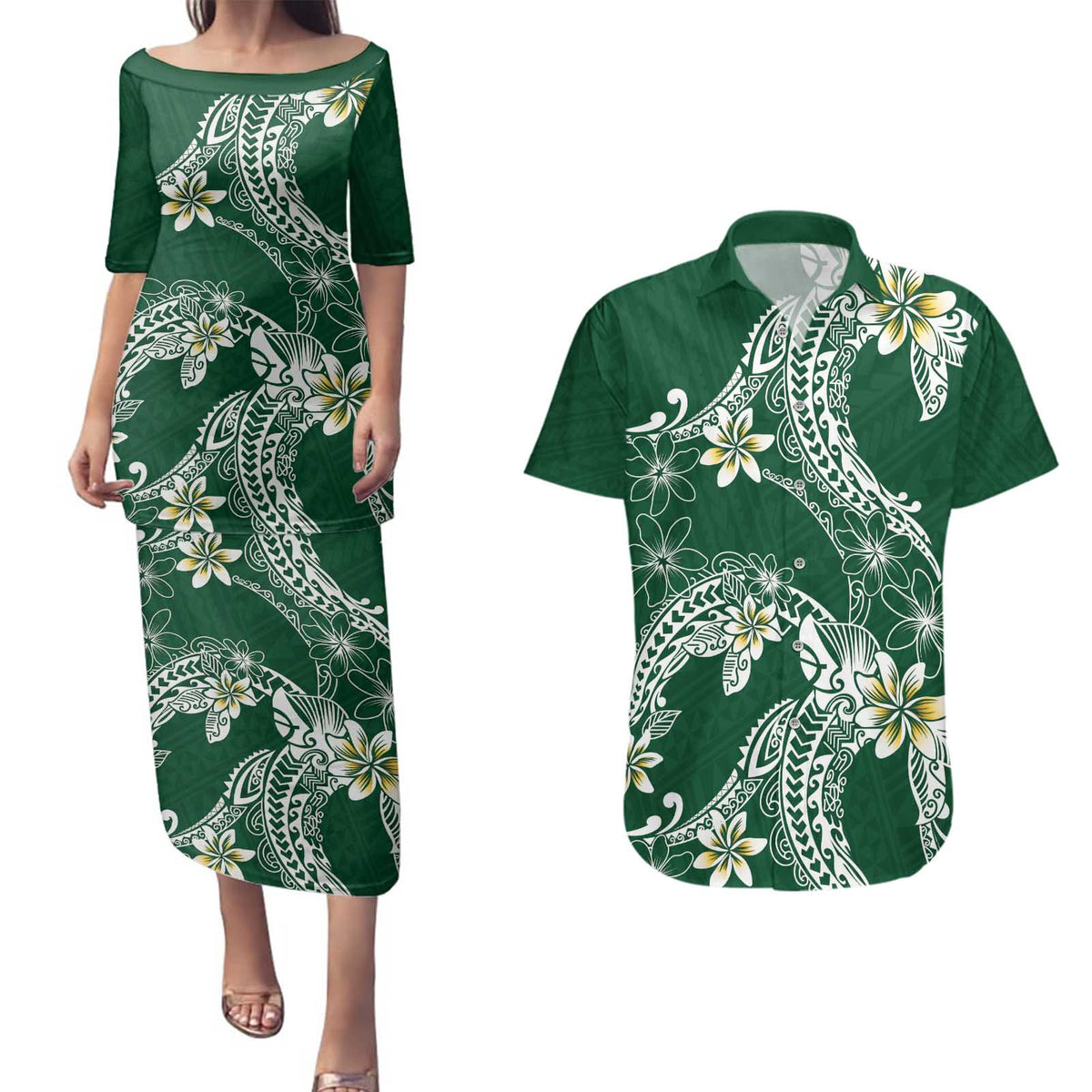 Polynesian Hawaiian Plumeria Tribal Pattern Couples Matching Puletasi and Hawaiian Shirt Green Version LT01 Green - Polynesian Pride