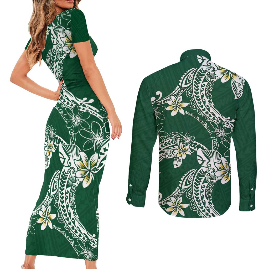 Polynesian Hawaiian Plumeria Tribal Pattern Couples Matching Short Sleeve Bodycon Dress and Long Sleeve Button Shirt Green Version LT01 - Polynesian Pride