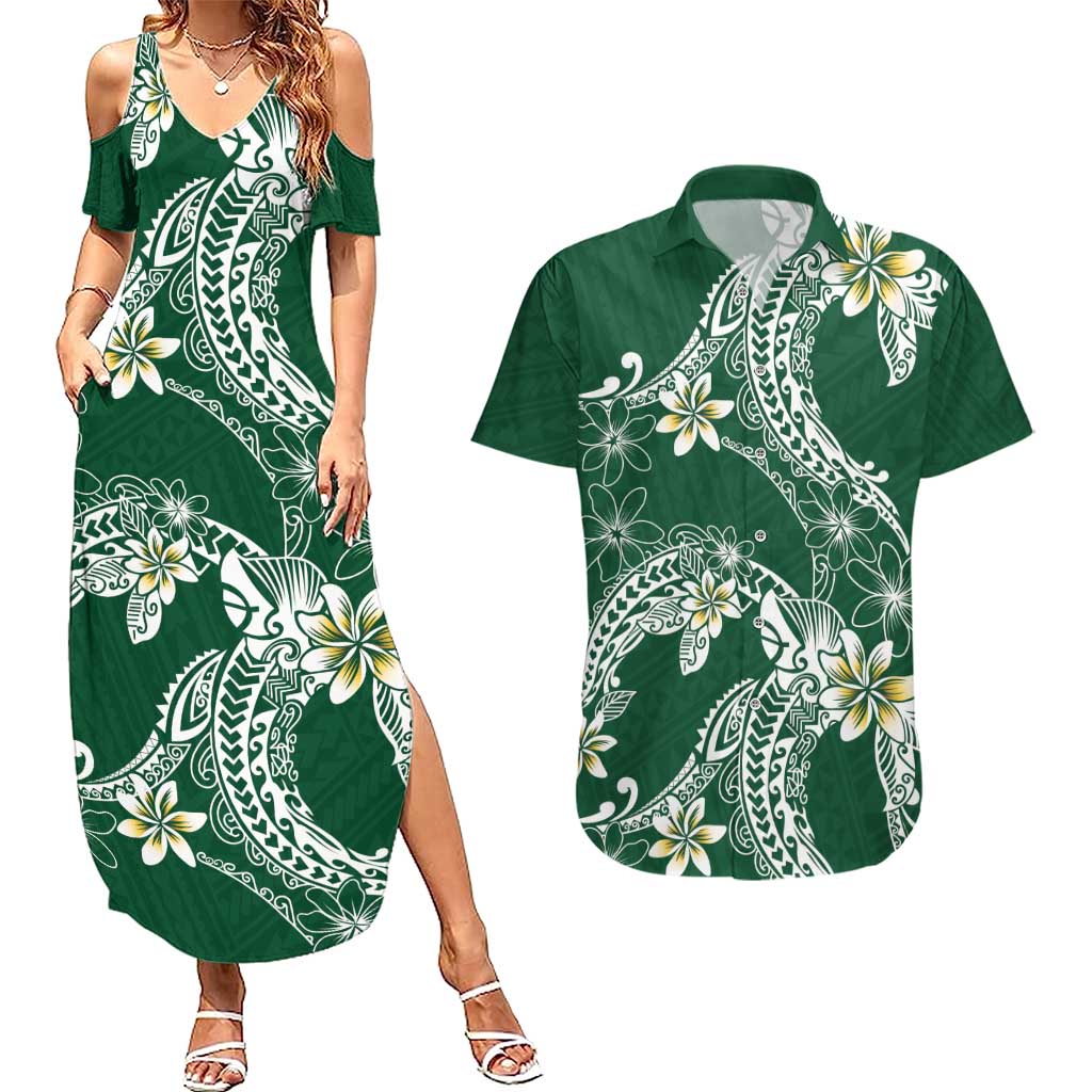 Polynesian Hawaiian Plumeria Tribal Pattern Couples Matching Summer Maxi Dress and Hawaiian Shirt Green Version LT01 Green - Polynesian Pride