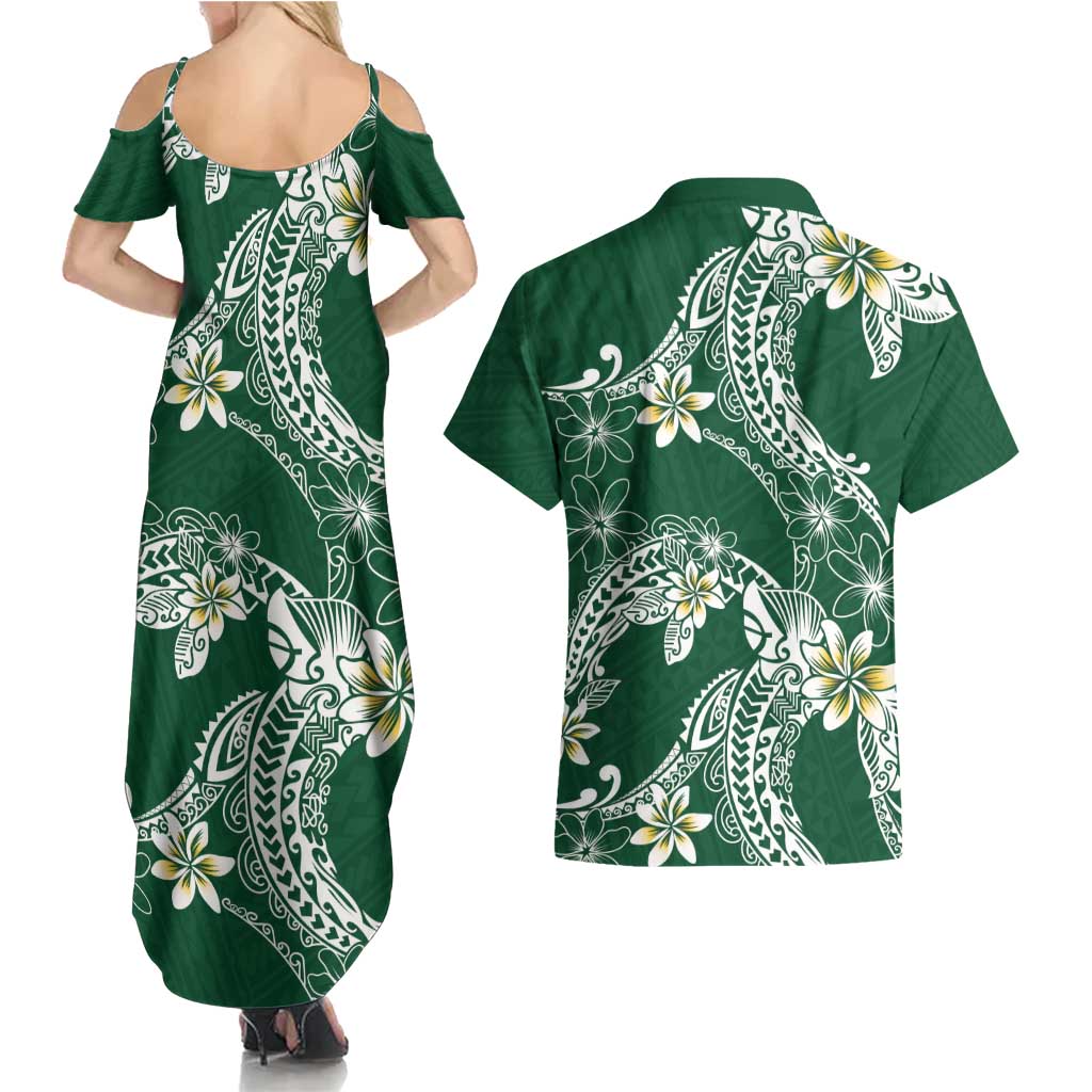 Polynesian Hawaiian Plumeria Tribal Pattern Couples Matching Summer Maxi Dress and Hawaiian Shirt Green Version LT01 - Polynesian Pride
