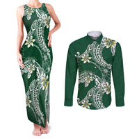 Polynesian Hawaiian Plumeria Tribal Pattern Couples Matching Tank Maxi Dress and Long Sleeve Button Shirt Green Version LT01 Green - Polynesian Pride