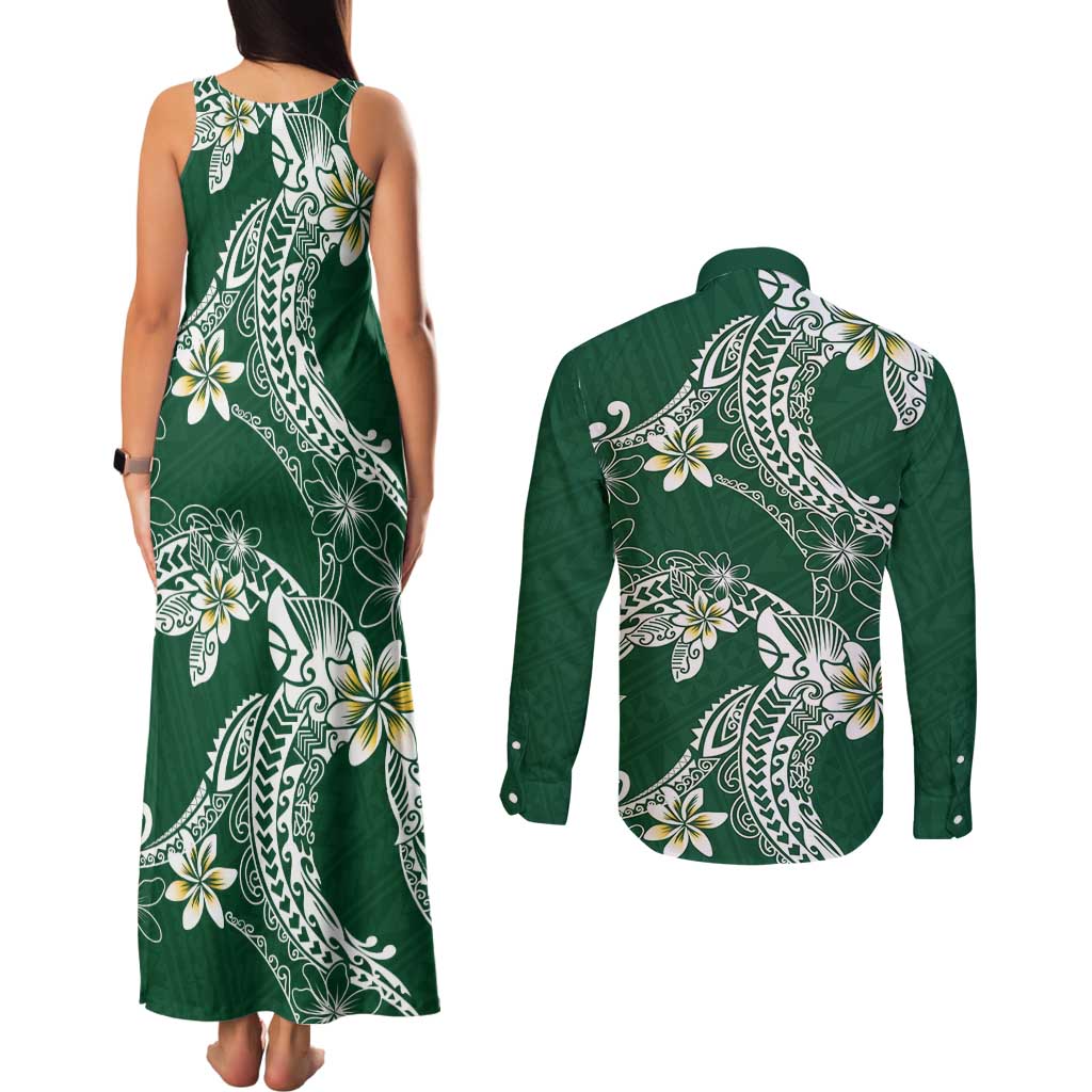 Polynesian Hawaiian Plumeria Tribal Pattern Couples Matching Tank Maxi Dress and Long Sleeve Button Shirt Green Version LT01 - Polynesian Pride
