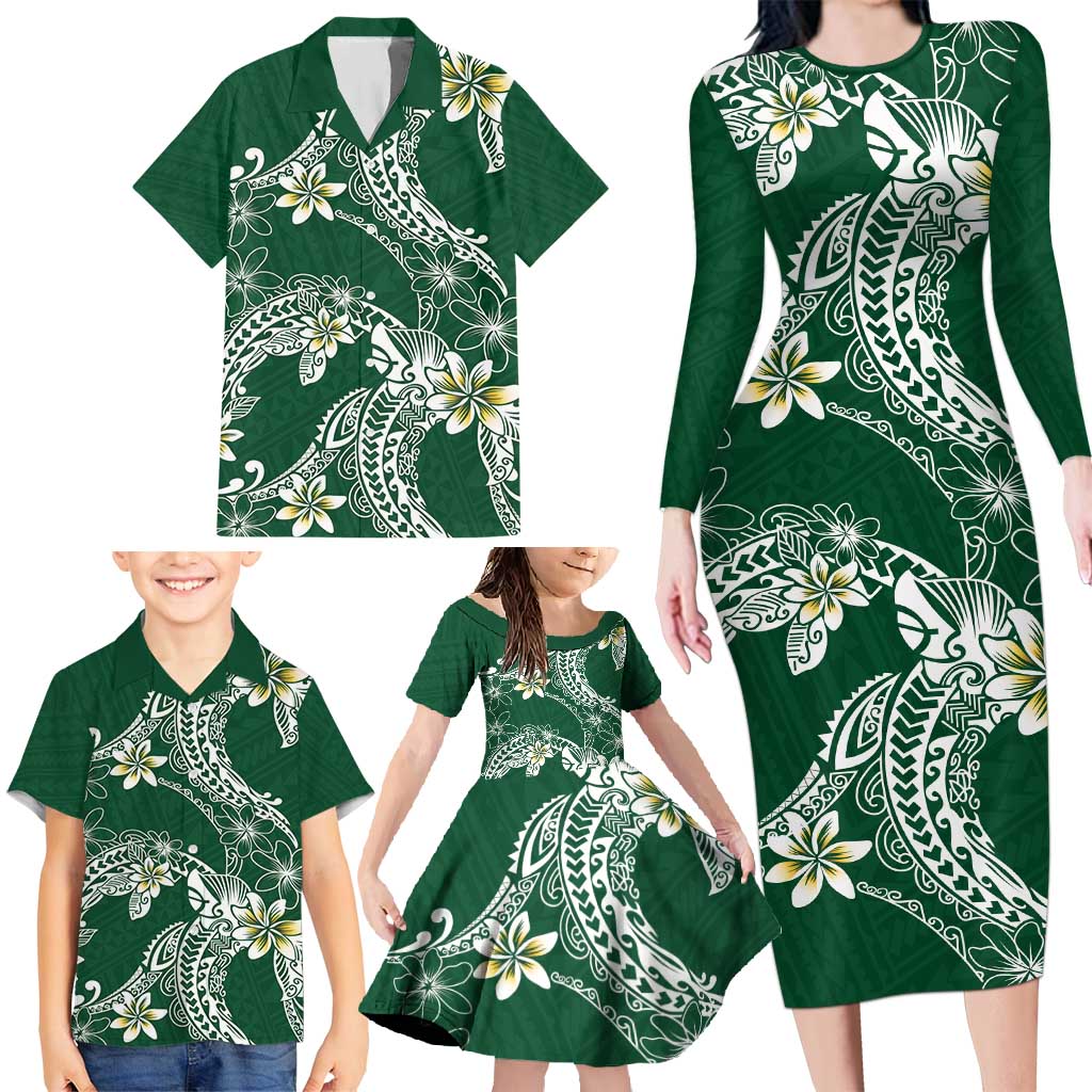 Polynesian Hawaiian Plumeria Tribal Pattern Family Matching Long Sleeve Bodycon Dress and Hawaiian Shirt Green Version