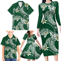 Polynesian Hawaiian Plumeria Tribal Pattern Family Matching Long Sleeve Bodycon Dress and Hawaiian Shirt Green Version