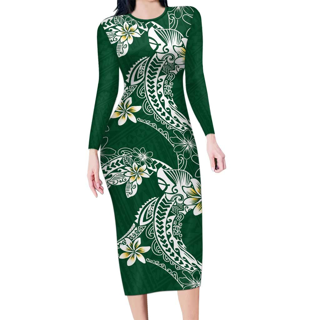 Polynesian Hawaiian Plumeria Tribal Pattern Family Matching Long Sleeve Bodycon Dress and Hawaiian Shirt Green Version