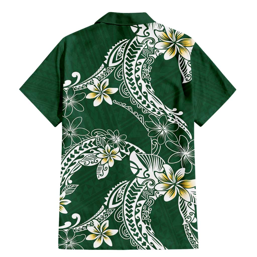 Polynesian Hawaiian Plumeria Tribal Pattern Family Matching Mermaid Dress and Hawaiian Shirt Green Version