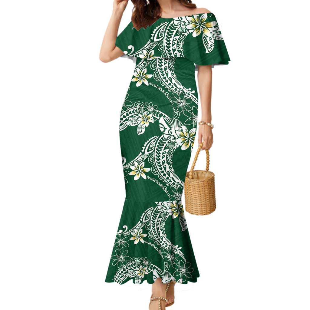 Polynesian Hawaiian Plumeria Tribal Pattern Family Matching Mermaid Dress and Hawaiian Shirt Green Version